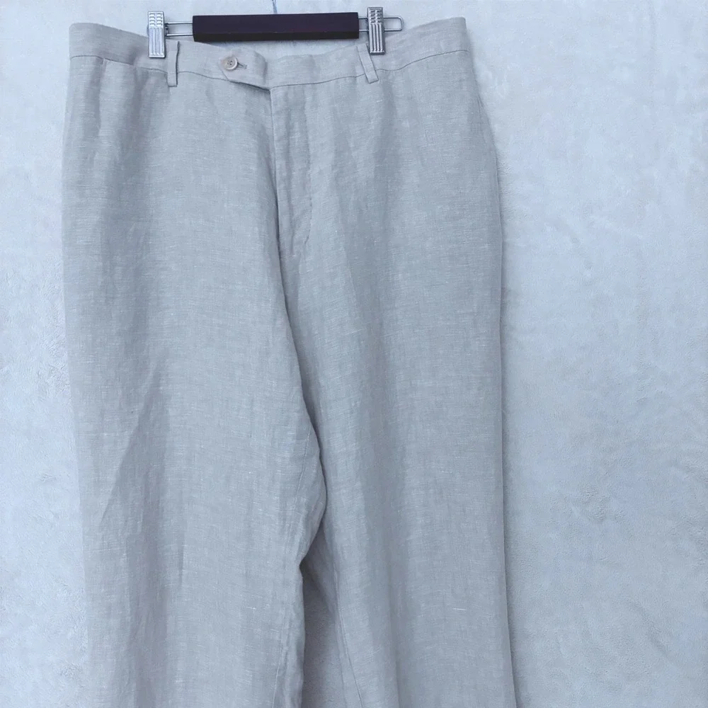 Enzo Tovare 100% Linen Flat Front Trousers Coastal Heritage Preppy 36